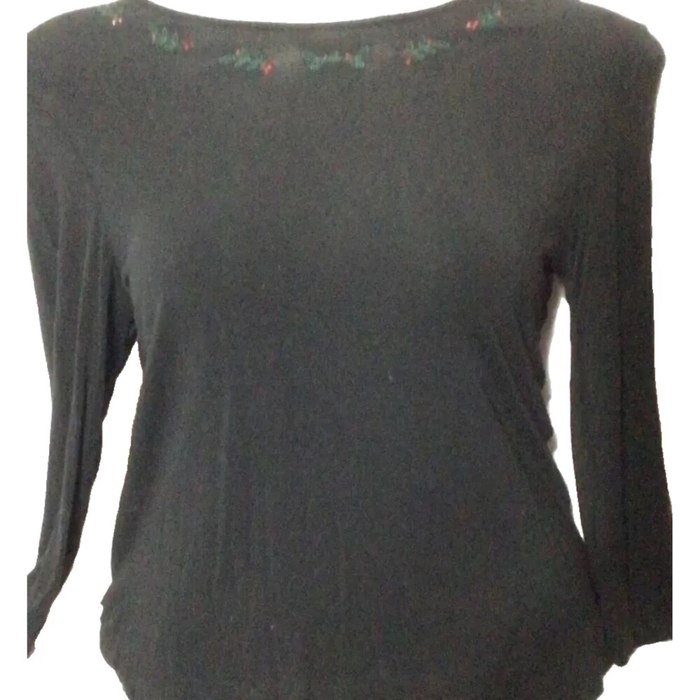 Black Long Sleeve T- Shirt Style Pullover Top w Neck Embellishments Womens Sz Lg